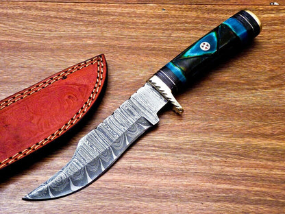 10" Handmade Damascus Steel Bowie Hunting Knife – Camel Bone & Hardwood Handle