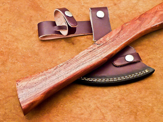 Custom Handmade Damascus Steel Tomahawk Axe 16-Inch with Natural Wood Handle and Leather Sheath