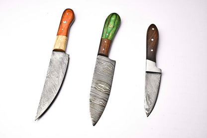 Lot of 3 Handmade Damascus Blade Kitchen Full Tang Chef Knives