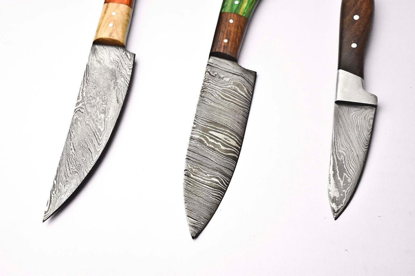 Lot of 3 Handmade Damascus Blade Kitchen Full Tang Chef Knives