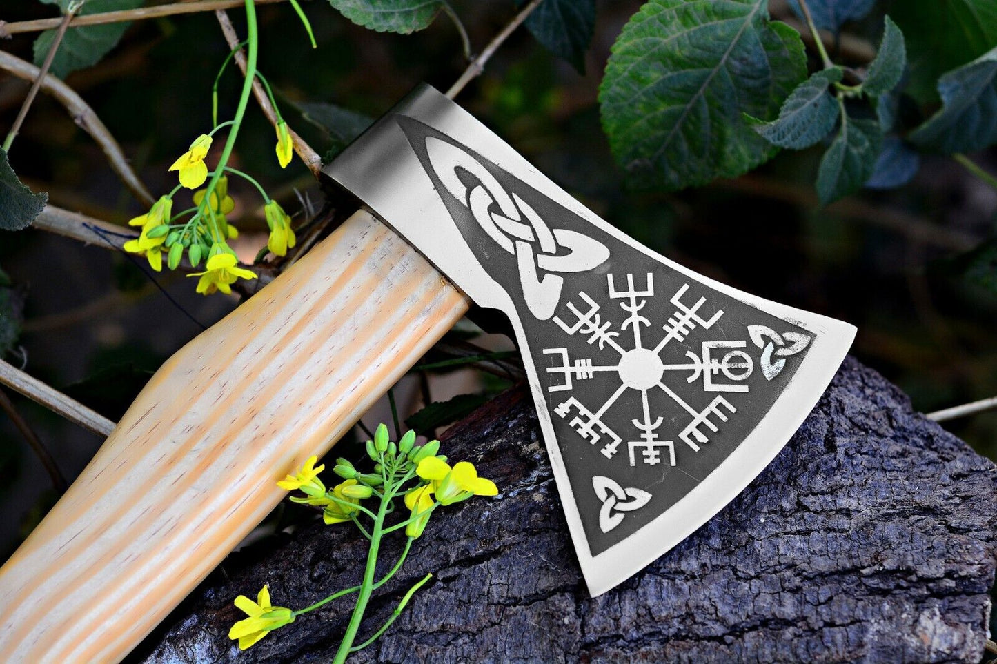 Hand Forged 1095 Carbon Steel Viking Tomahawk with Olive Wood Handle and Leather Sheath