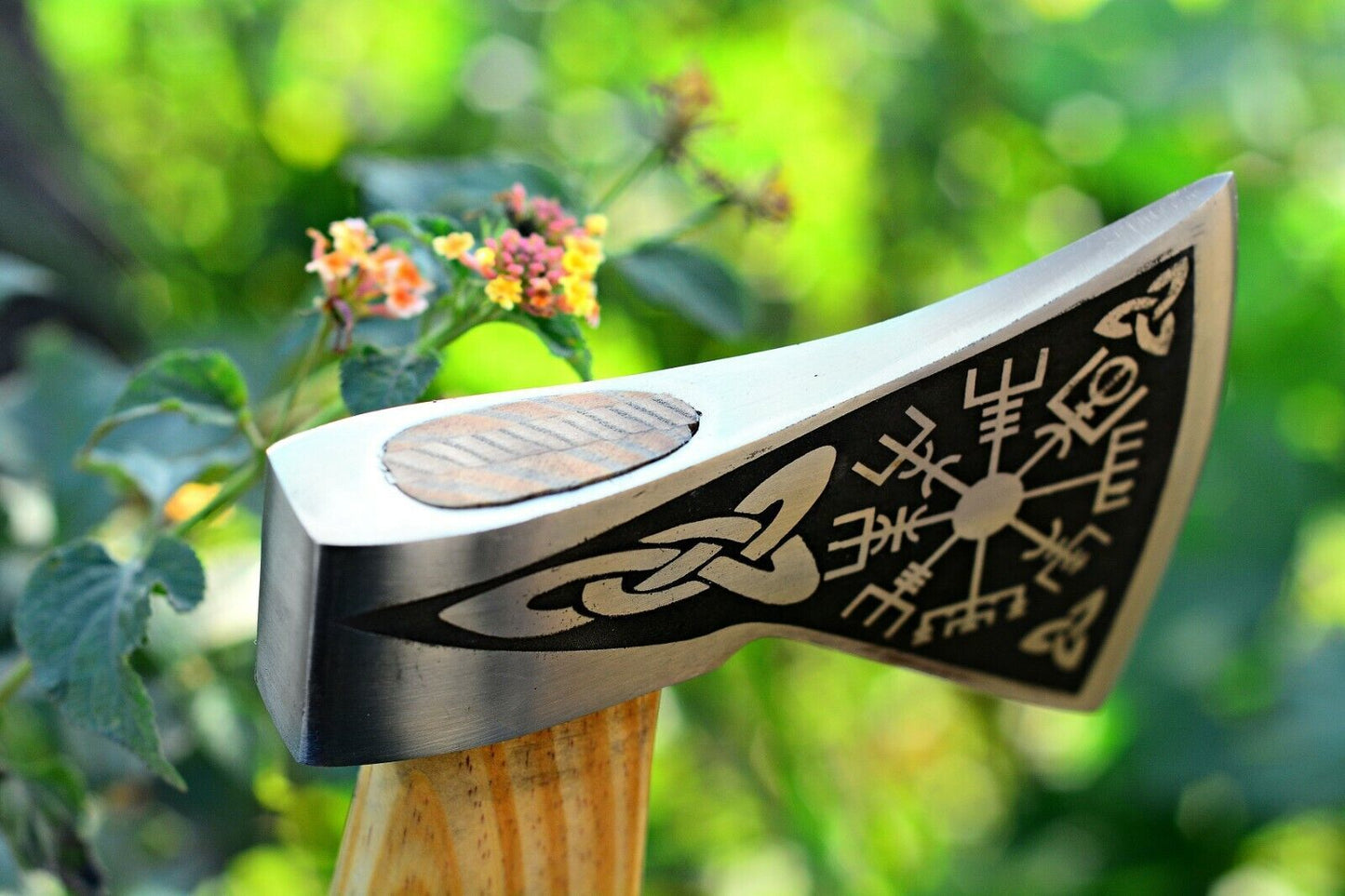 Hand Forged 1095 Carbon Steel Viking Tomahawk with Olive Wood Handle and Leather Sheath