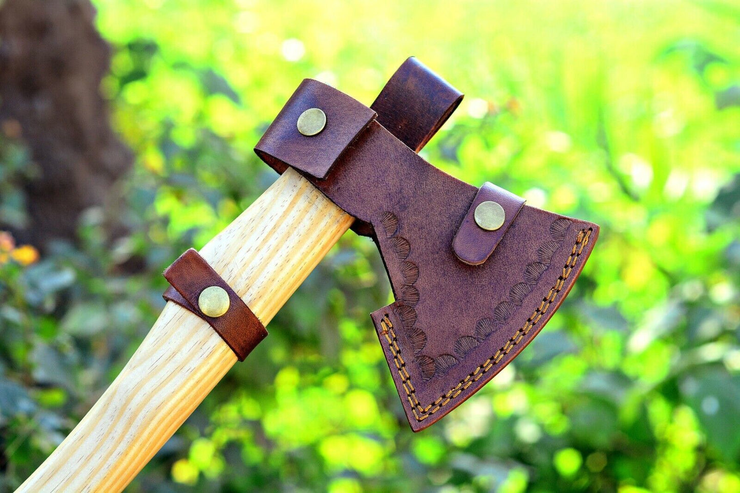 Hand Forged 1095 Carbon Steel Viking Tomahawk with Olive Wood Handle and Leather Sheath