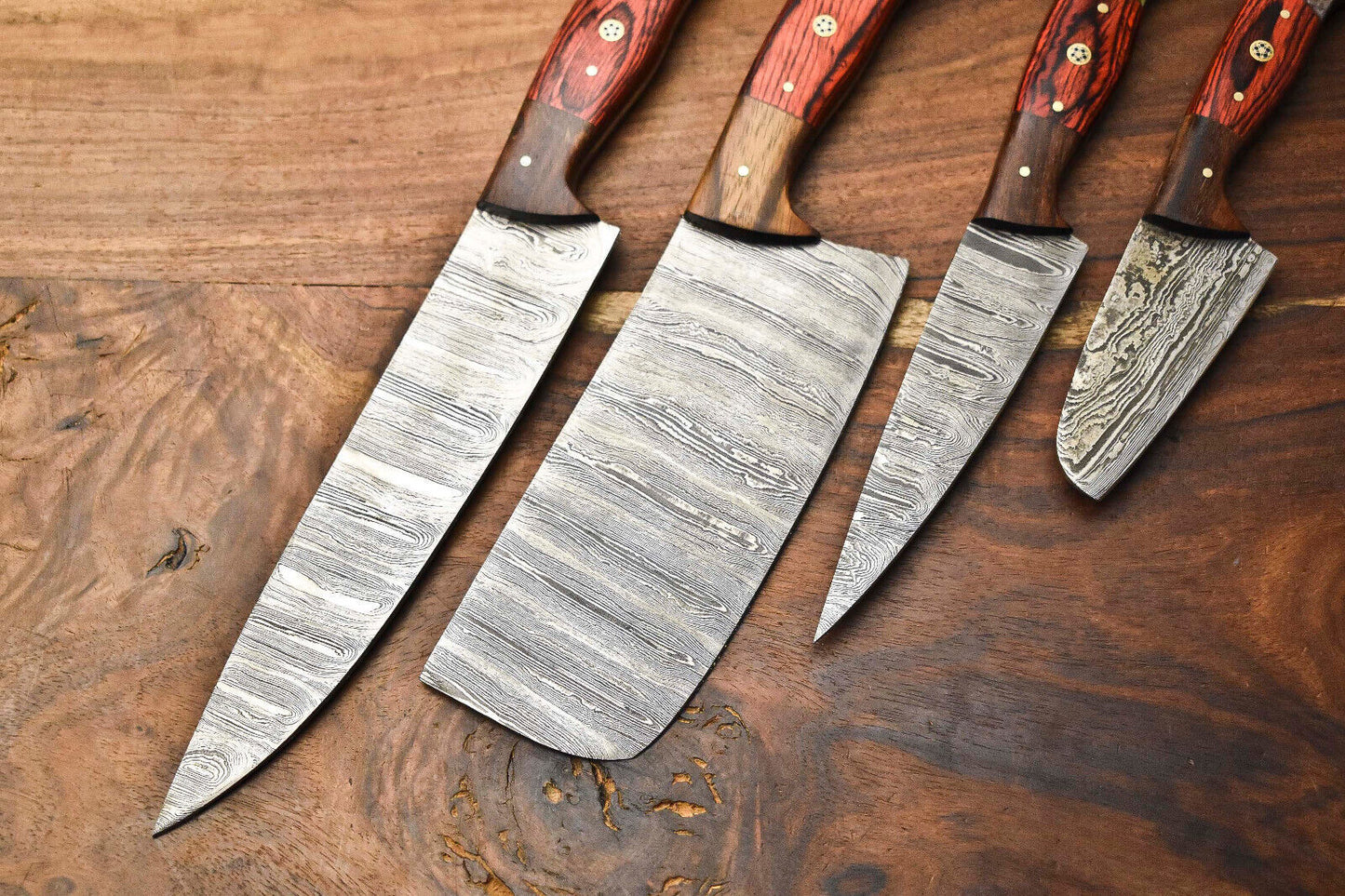 Lot of 4 Custom Handmade Hammered Damascus Steel Chef Knives – Professional Kitchen Knife Set