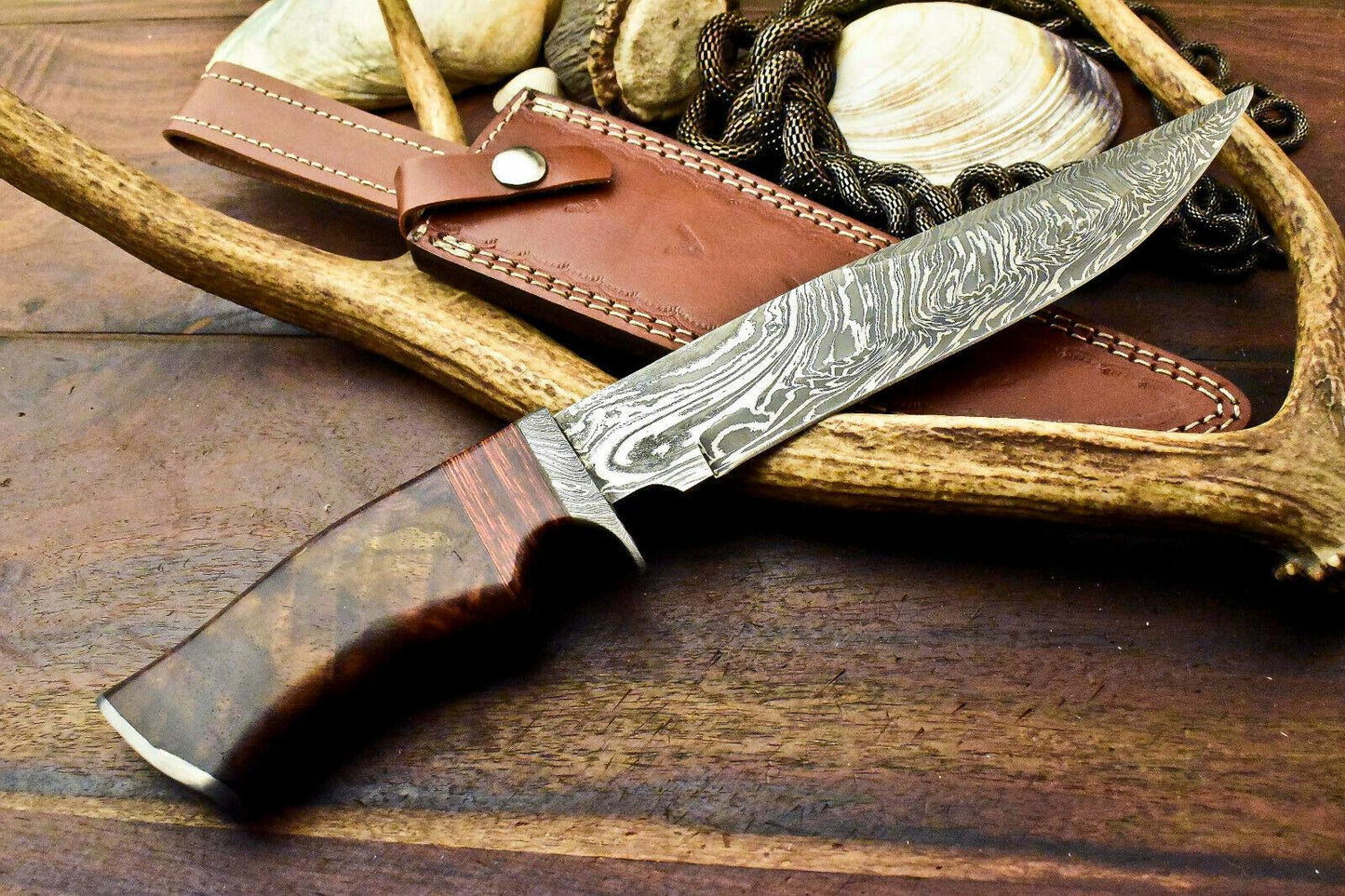 13" Damascus Bowie Knife | Walnut Wood Masterpiece