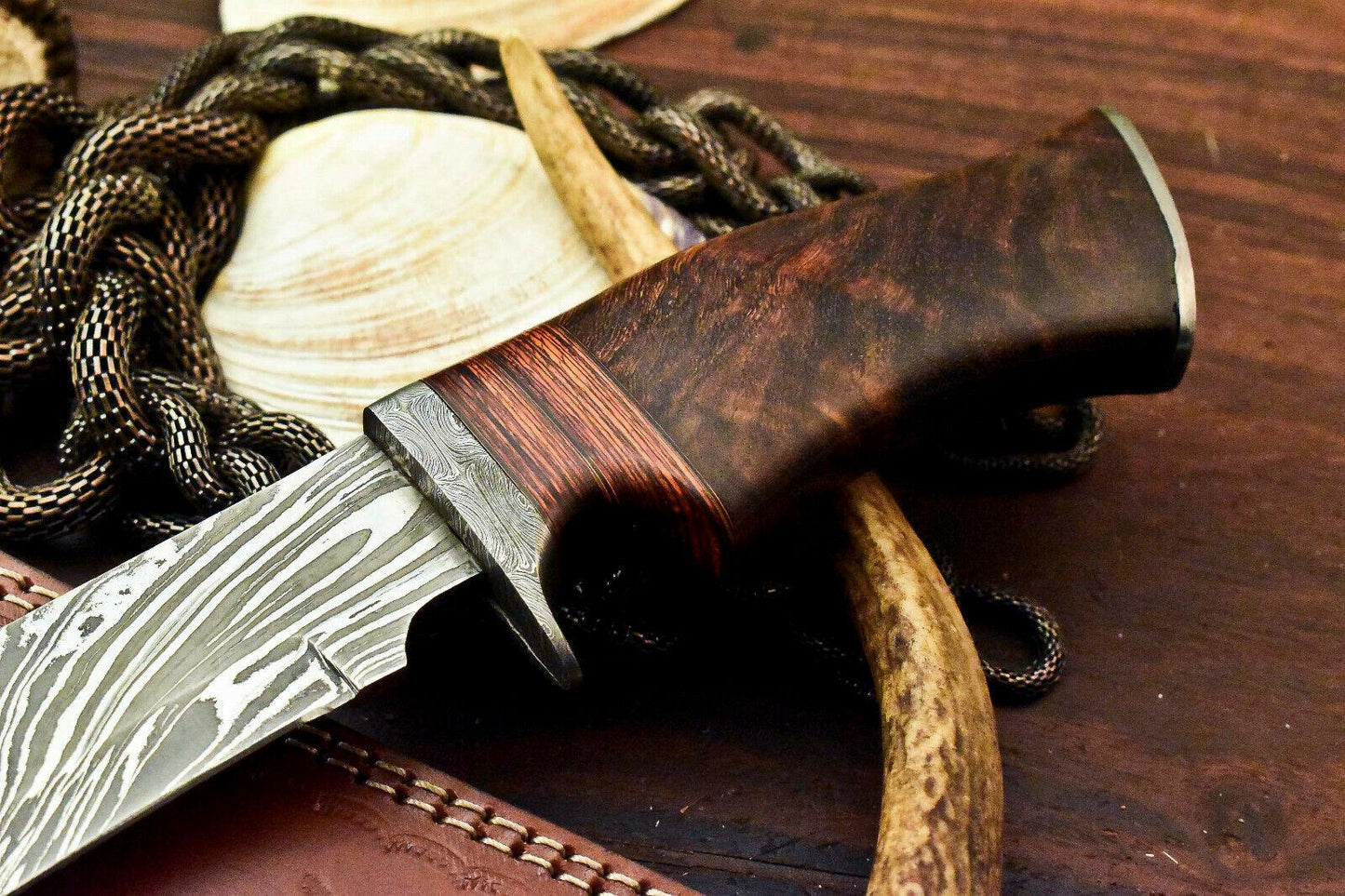 13" Damascus Bowie Knife | Walnut Wood Masterpiece