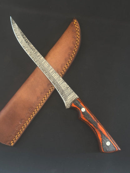 13" Handmade Damascus Fillet Knife Custom Fillet Knife with Pakka Wood Handle & Sheath