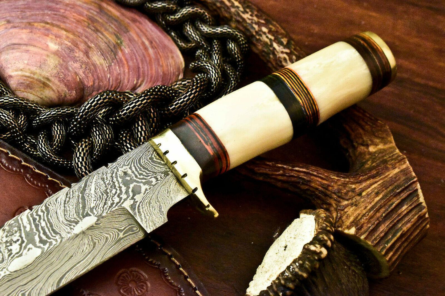 Handmade Damascus Steel Bowie Knife | Stained Camel Bone Handle