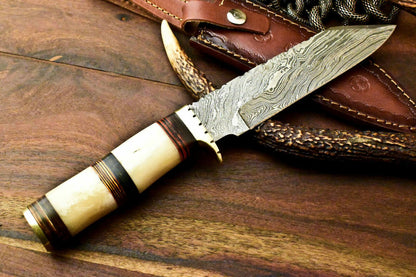 Handmade Damascus Steel Bowie Knife | Stained Camel Bone Handle
