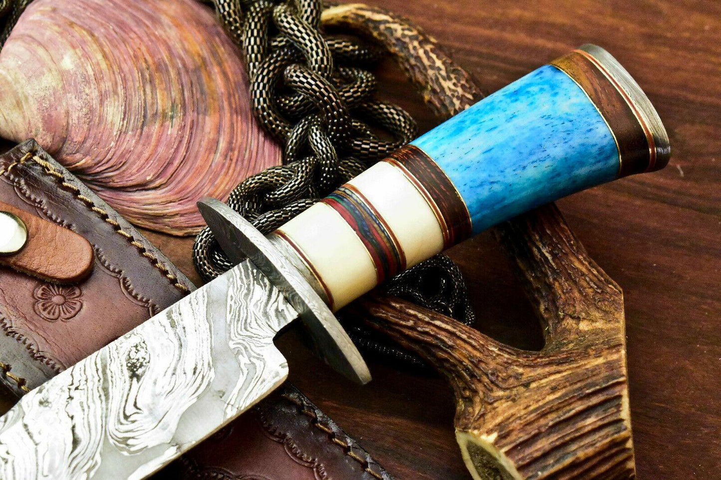 11" Handmade Damascus Bowie Hunting Knife | Stained Camel Bone Handle