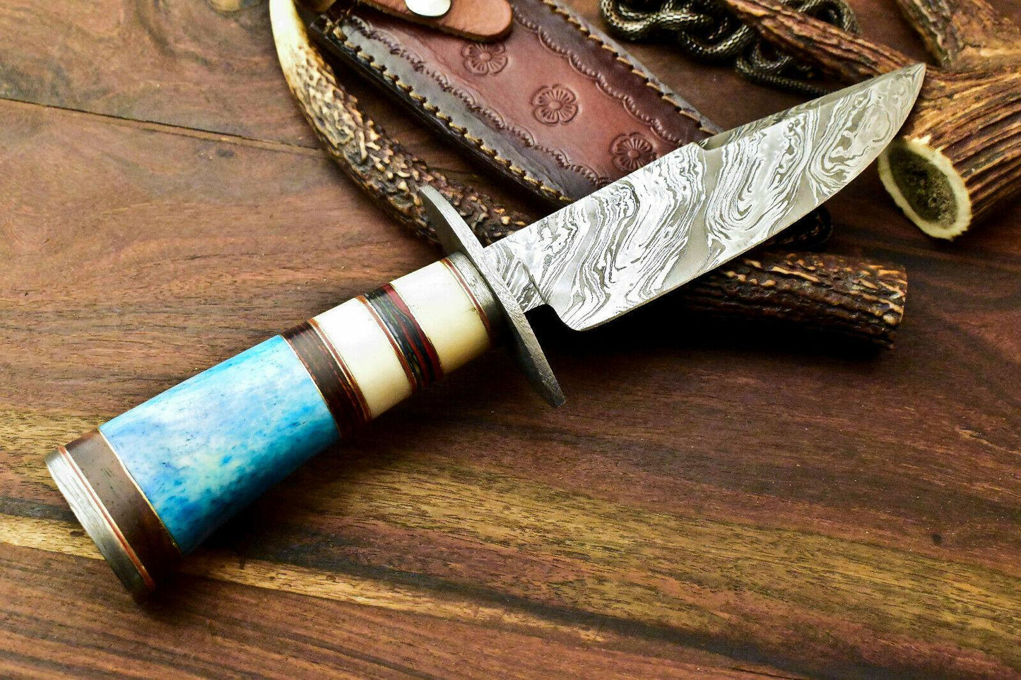 11" Handmade Damascus Bowie Hunting Knife | Stained Camel Bone Handle