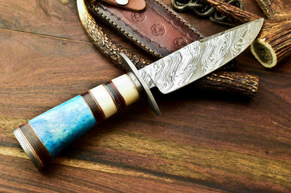 11" Handmade Damascus Bowie Hunting Knife | Stained Camel Bone Handle