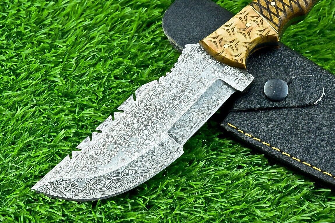 Custom Hand Forged Damascus Steel Hunting Tracker Knife | Olive Wood Handle with Sheath