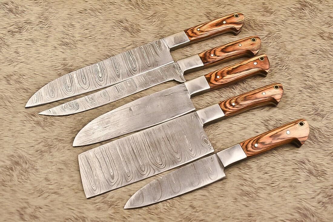 Hand-Forged Damascus Steel Chef & Hunting Knife Set, 5 Pieces, Hard Wood Handles, 8-Inch Blades, Steel Bolsters, Full Tang, Oil-Tempered 58-60 HRC