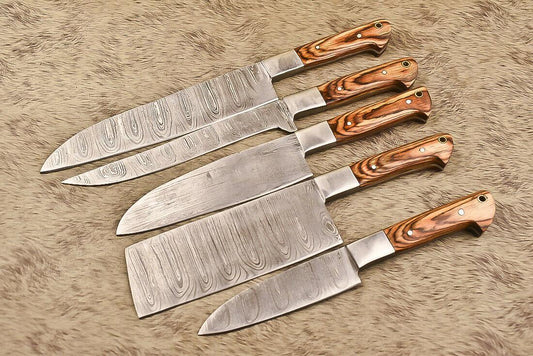 Hand-Forged Damascus Steel Chef & Hunting Knife Set, 5 Pieces, Hard Wood Handles, 8-Inch Blades, Steel Bolsters, Full Tang, Oil-Tempered 58-60 HRC