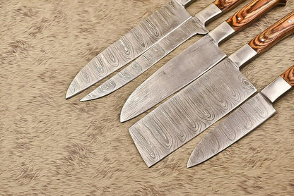 Hand-Forged Damascus Steel Chef & Hunting Knife Set, 5 Pieces, Hard Wood Handles, 8-Inch Blades, Steel Bolsters, Full Tang, Oil-Tempered 58-60 HRC