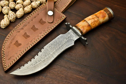 Damascus Steel Bowie Knife | Camel Bone Handle & Leather Sheath