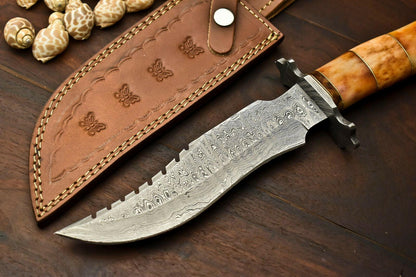 Damascus Steel Bowie Knife | Camel Bone Handle & Leather Sheath
