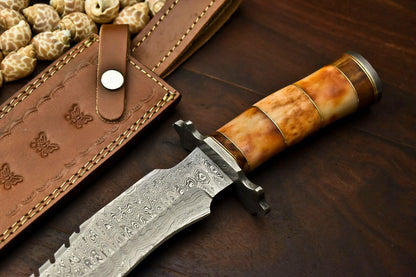 Damascus Steel Bowie Knife | Camel Bone Handle & Leather Sheath