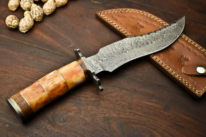 Damascus Steel Bowie Knife | Camel Bone Handle & Leather Sheath