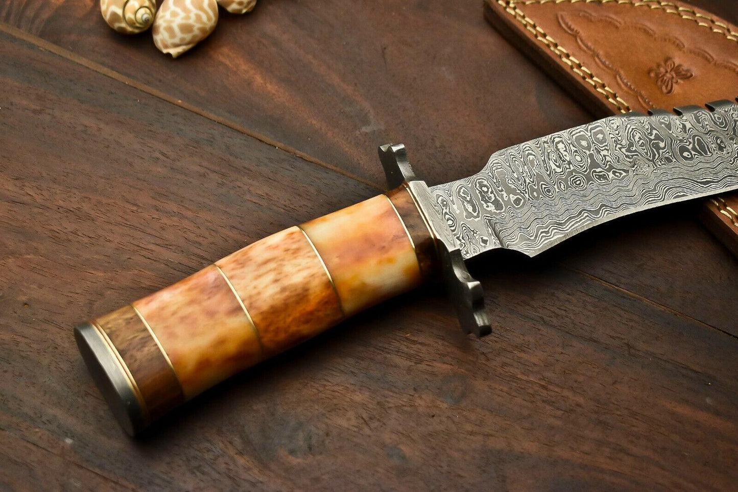 Damascus Steel Bowie Knife | Camel Bone Handle & Leather Sheath