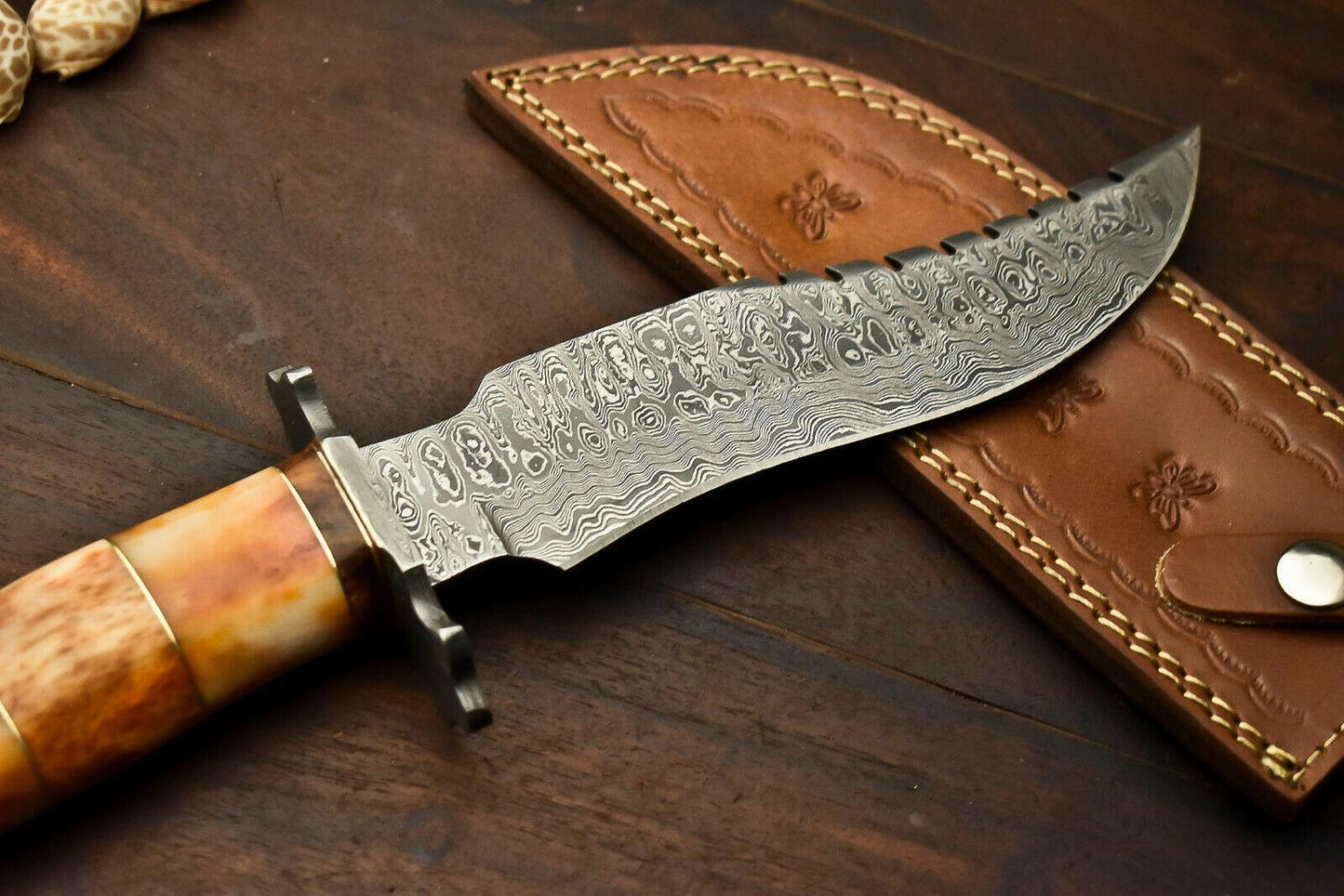 Damascus Steel Bowie Knife | Camel Bone Handle & Leather Sheath