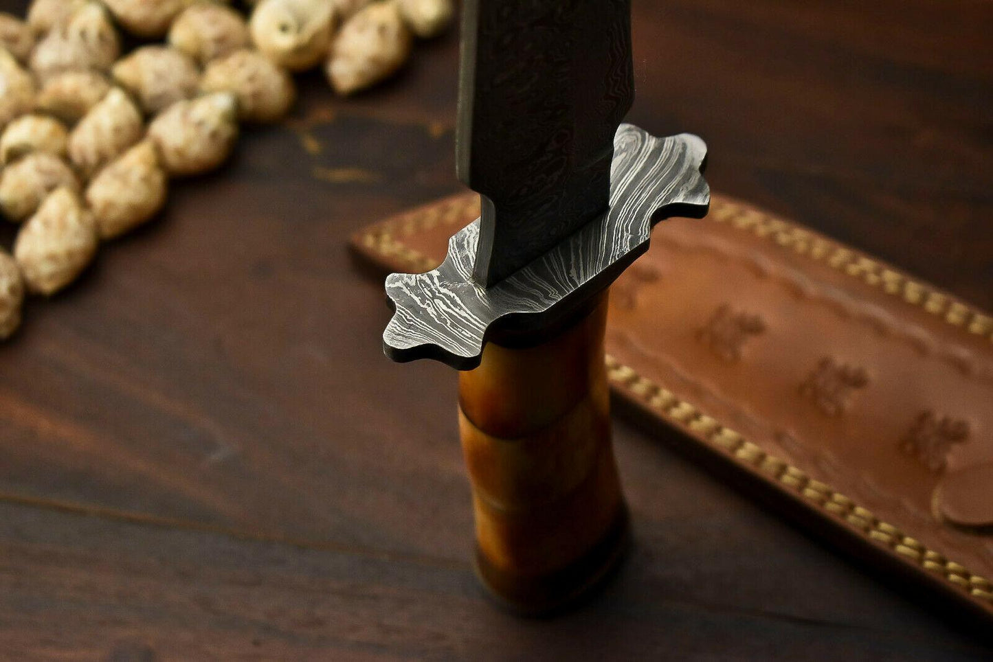 Damascus Steel Bowie Knife | Camel Bone Handle & Leather Sheath