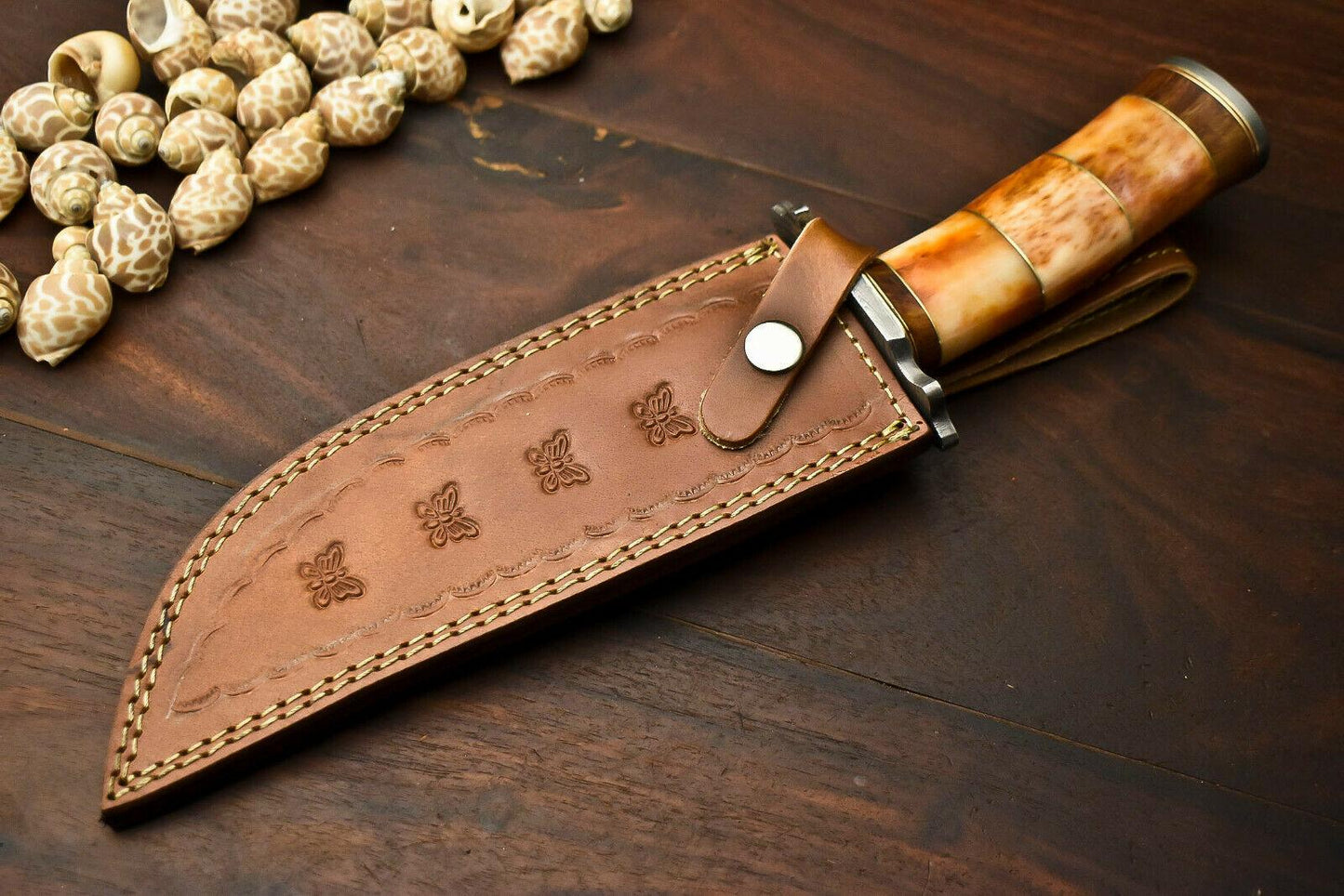 Damascus Steel Bowie Knife | Camel Bone Handle & Leather Sheath