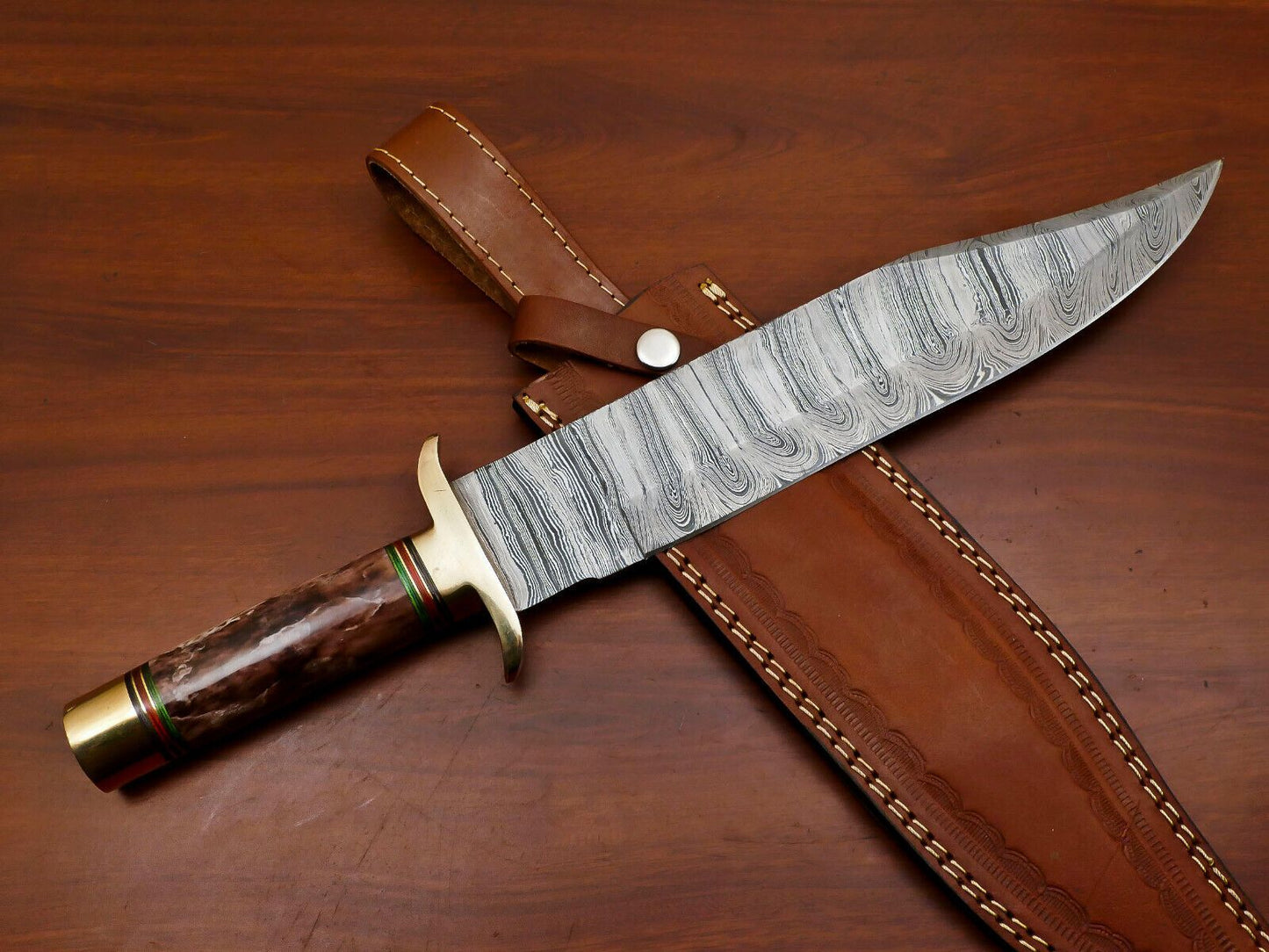 Heritage Forge Handmade Damascus Steel Fixed Blade Bowie Hunting Knife Wood Handle