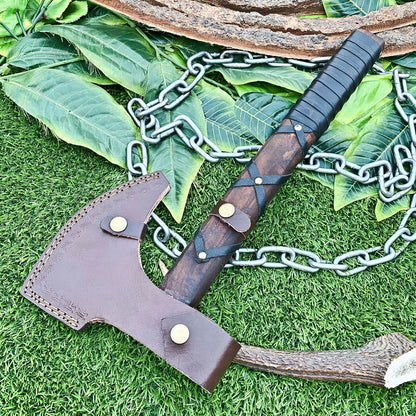 Handmade Carbon Steel Etched Blade Viking Tomahawk Hatchet Axe with Walnut Wood Leather Wrapped Handle and Sheath