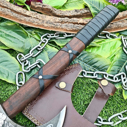 Handmade Carbon Steel Etched Blade Viking Tomahawk Hatchet Axe with Walnut Wood Leather Wrapped Handle and Sheath