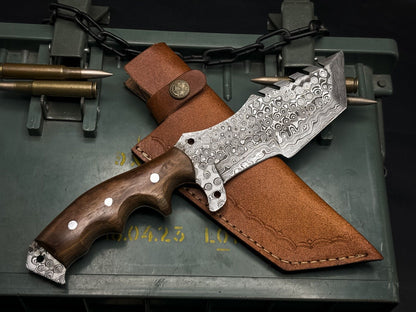 Handmade Damascus Steel Hunting Tracker Knife with Wood Handle and Cow Leather Sheath