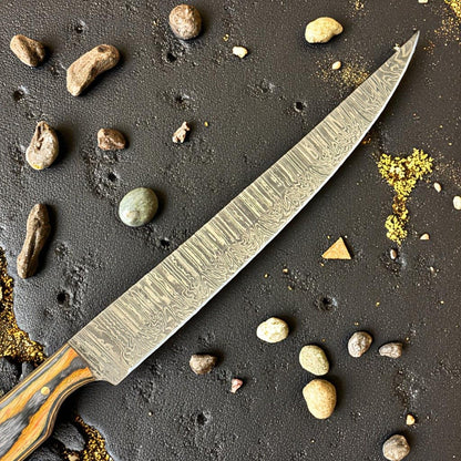 12" Custom Handmade Damascus Fillet Knife with Wood Handle for Kitchen W/Sheath