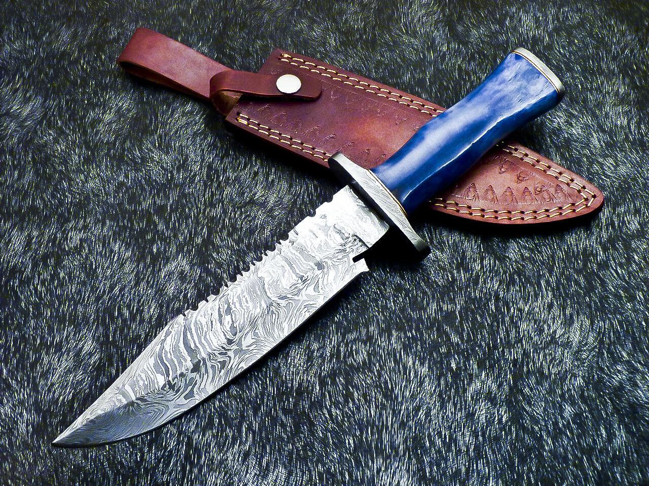 Hand Forged Damascus Bowie Hunting Knife | Stained Camel Bone Handle & Leather Sheath