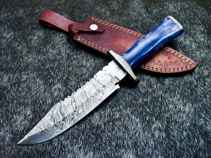 Hand Forged Damascus Bowie Hunting Knife | Stained Camel Bone Handle & Leather Sheath