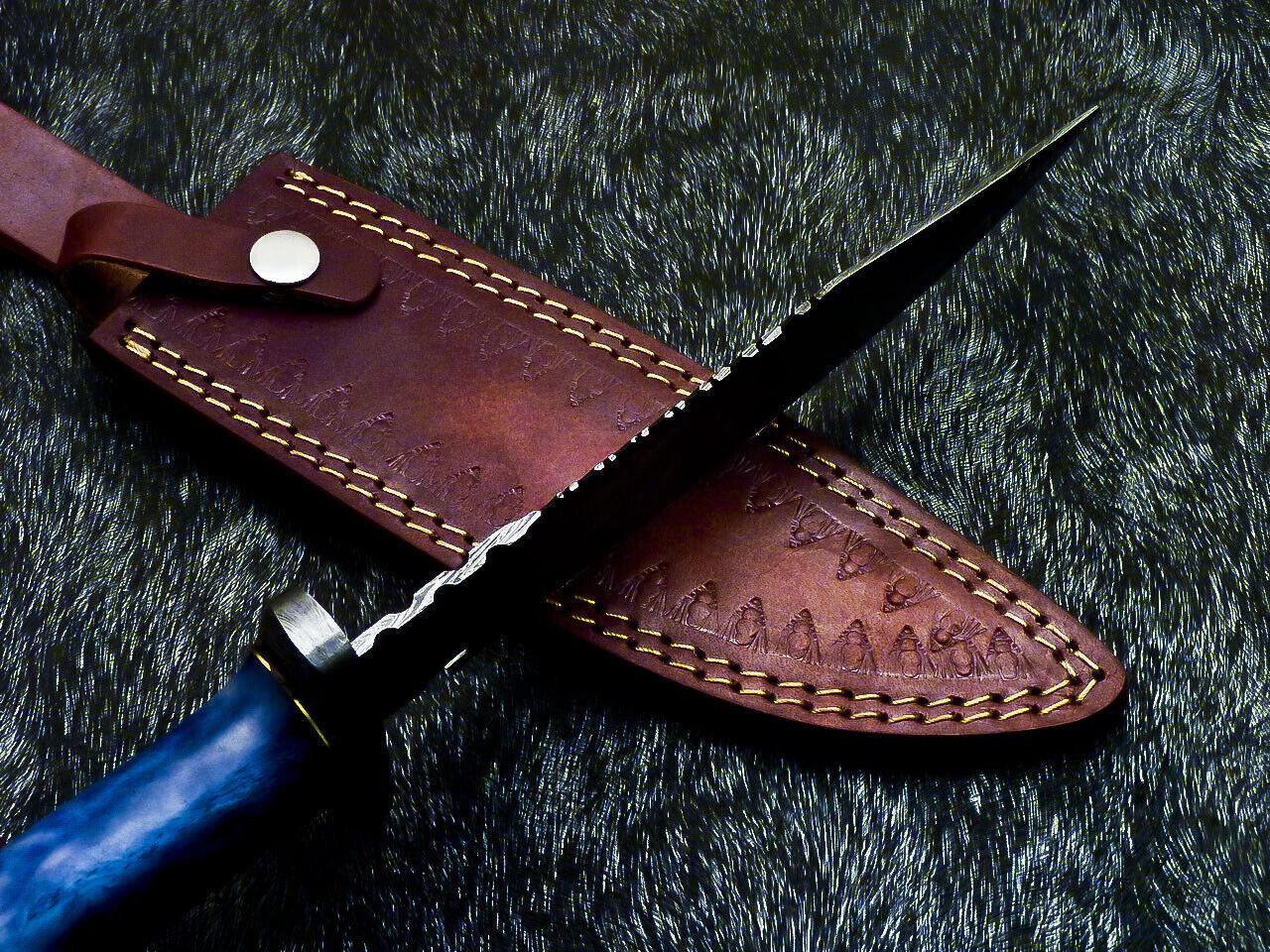 Hand Forged Damascus Bowie Hunting Knife | Stained Camel Bone Handle & Leather Sheath