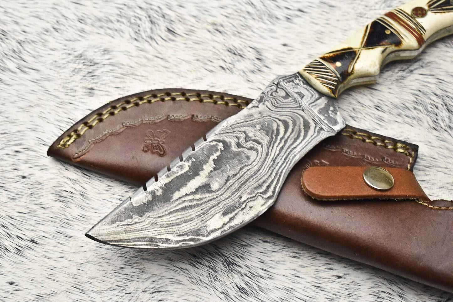 10.0" Handmade Damascus Steel Tracker Knife | Burnt Camel Bone Handle with Leather Sheath