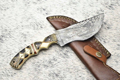 10.0" Handmade Damascus Steel Tracker Knife | Burnt Camel Bone Handle with Leather Sheath
