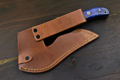 Fixed Blade Damascus Steel Hunting Axe Knife Hard Wood Handle Clever Chopper with Leather Sheath