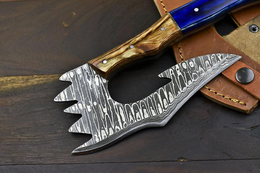 Fixed Blade Damascus Steel Hunting Axe Knife Hard Wood Handle Clever Chopper with Leather Sheath