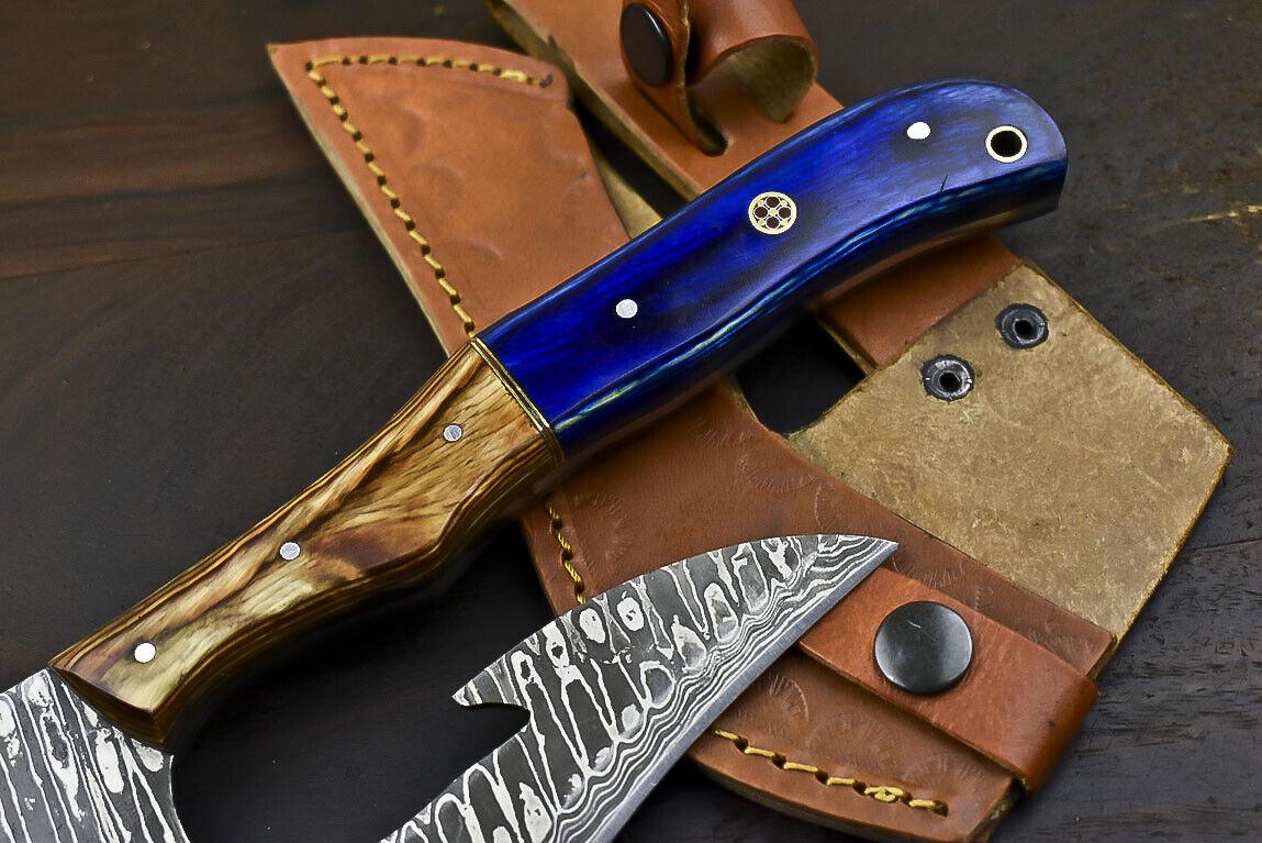 Fixed Blade Damascus Steel Hunting Axe Knife Hard Wood Handle Clever Chopper with Leather Sheath