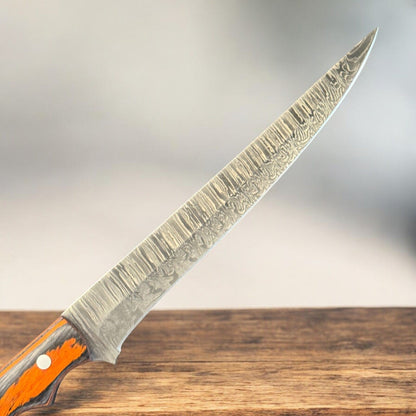 12” Handmade Damascus Fillet Knife with Wood Handle for Kitchen & Leather Sheath