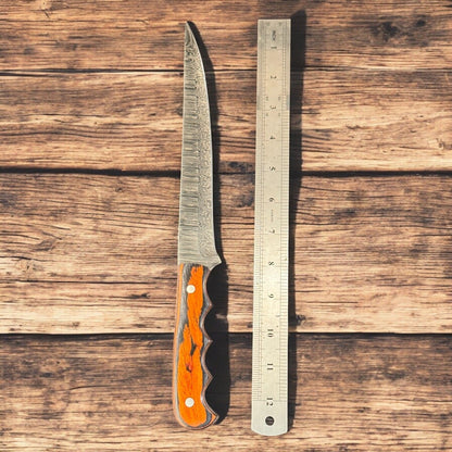 12” Handmade Damascus Fillet Knife with Wood Handle for Kitchen & Leather Sheath