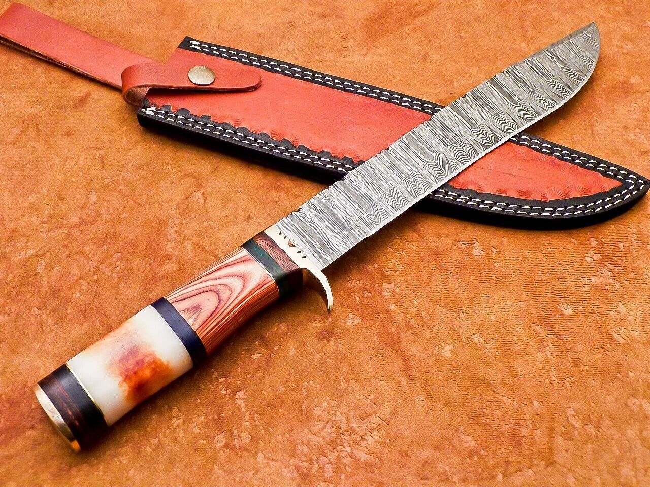 Heritage Forge 15 Inch Damascus Bowie Hunting Knife with Camel Bone and Hardwood Handle