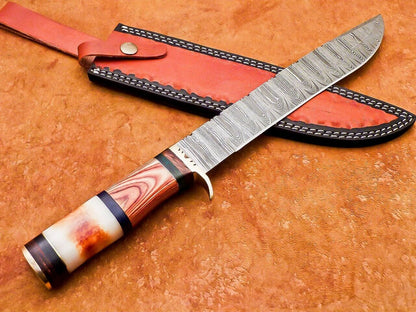 Heritage Forge 15 Inch Damascus Bowie Hunting Knife with Camel Bone and Hardwood Handle