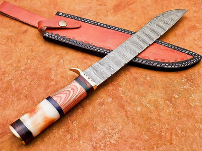 Heritage Forge 15 Inch Damascus Bowie Hunting Knife with Camel Bone and Hardwood Handle