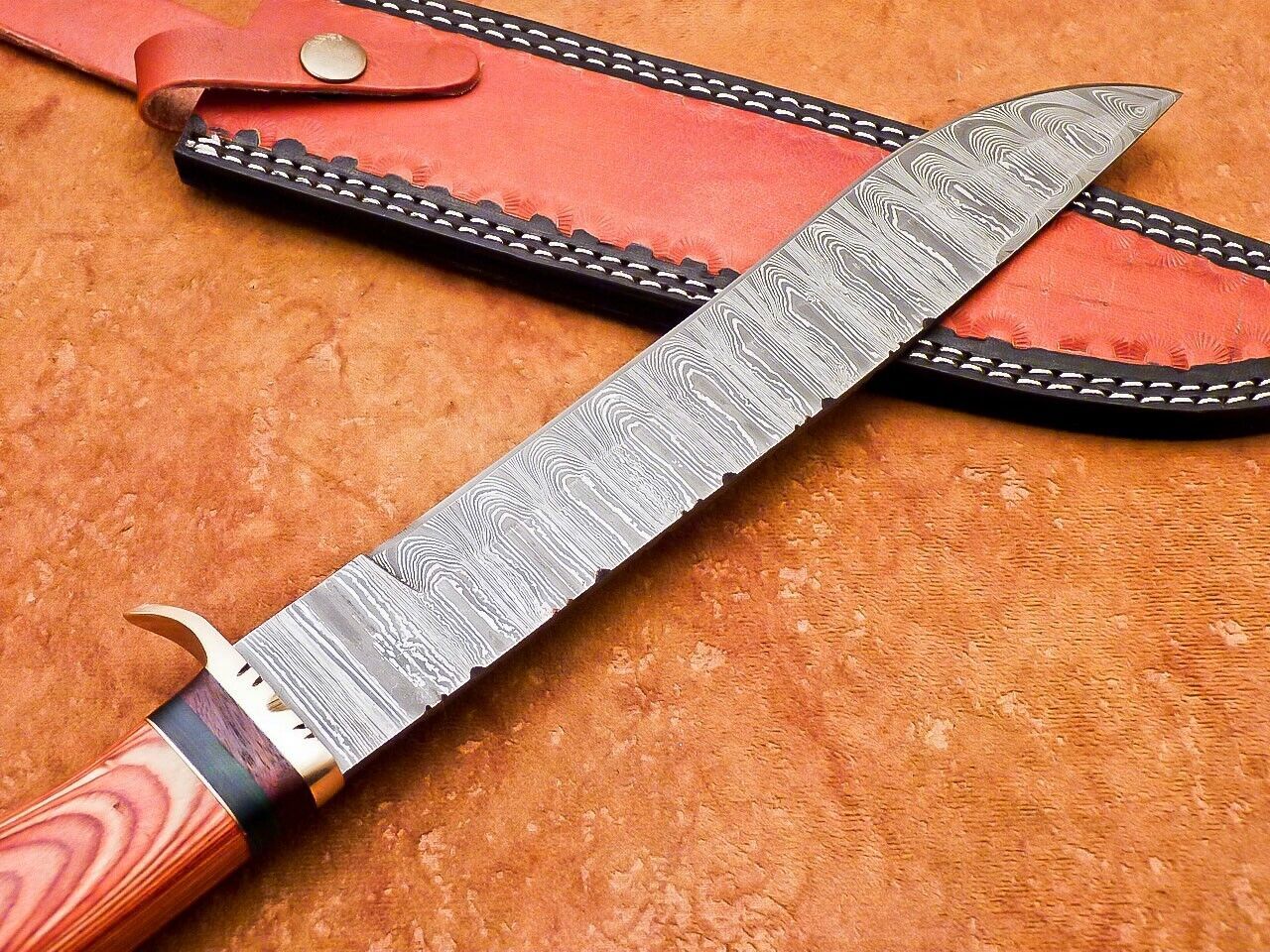 Heritage Forge 15 Inch Damascus Bowie Hunting Knife with Camel Bone and Hardwood Handle