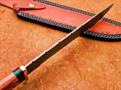 Heritage Forge 15 Inch Damascus Bowie Hunting Knife with Camel Bone and Hardwood Handle