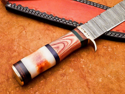 Heritage Forge 15 Inch Damascus Bowie Hunting Knife with Camel Bone and Hardwood Handle