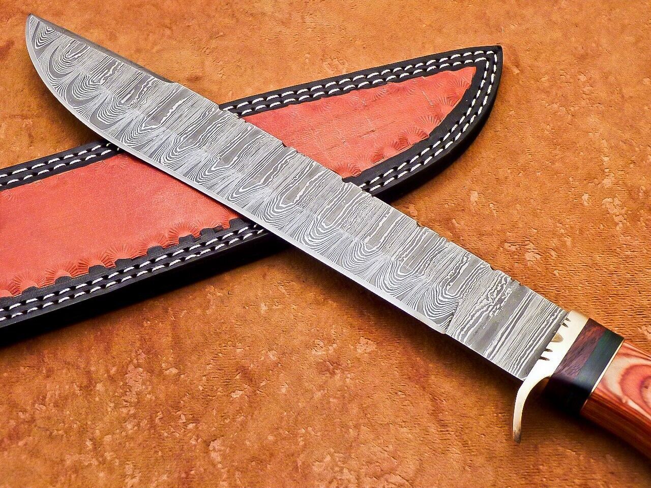 Heritage Forge 15 Inch Damascus Bowie Hunting Knife with Camel Bone and Hardwood Handle